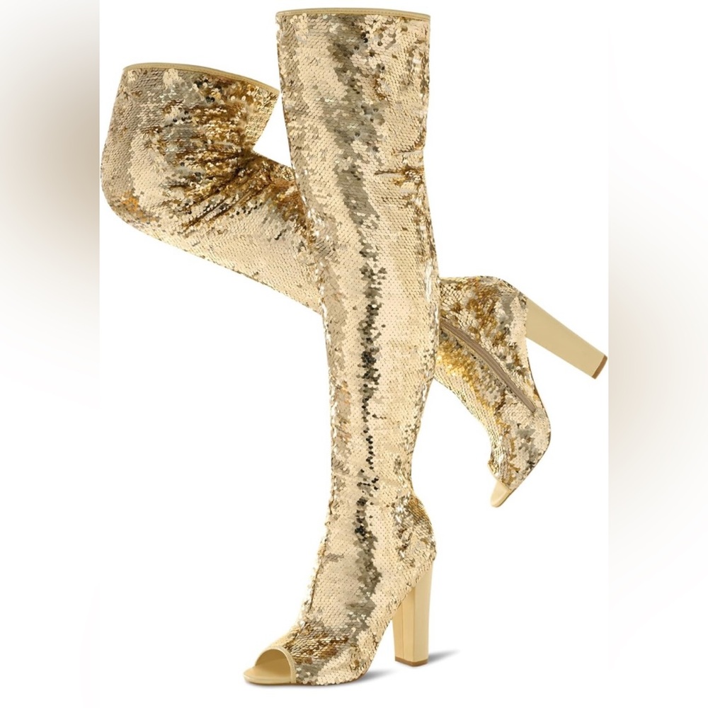 Unbranded NWOT Gold Sequin thigh high open toed boot